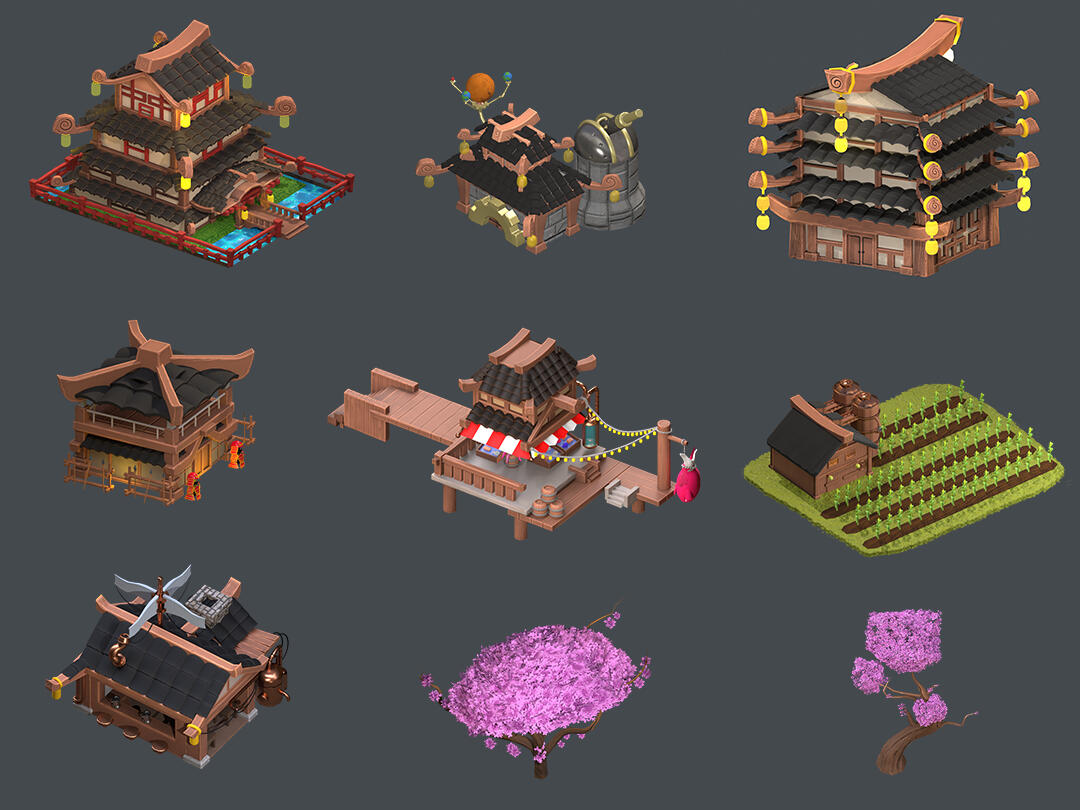 chinese steampunk buildings made in maya /zbrush/substance painter render marmoset and these models are usable in unity